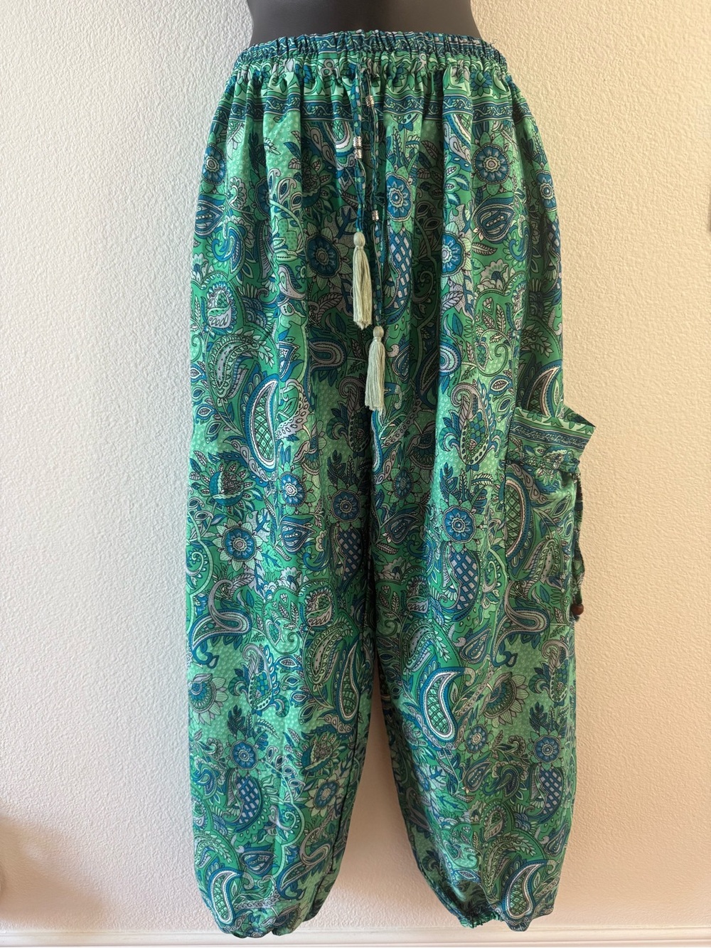 100% Silk Paisley Print Harem Drawstring Pants Made in India - Picture 1 of 6